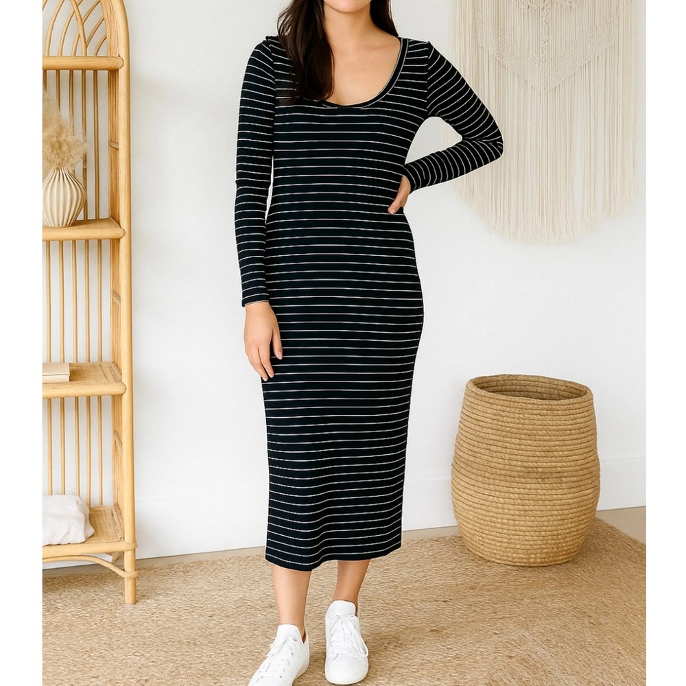 Marine Layer Lexi Ribbed Midi Dress Black White Striped Long Sleeve Size M